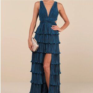 BRAND NEW - Beauty Icon Dark Teal Satin Pleated Tiered Lace-Up Maxi Dress- Med